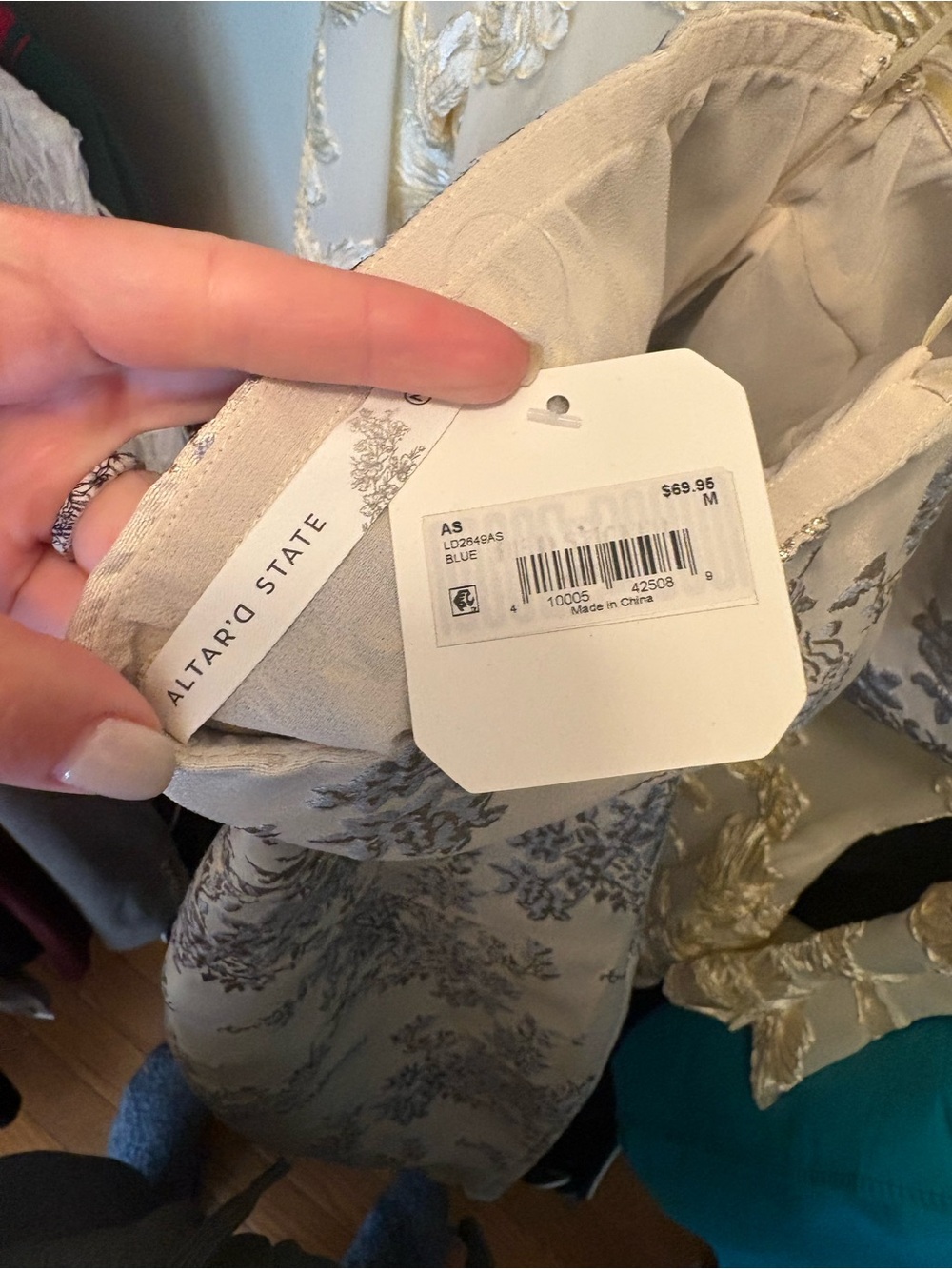 Altar'd State Strapless Jacquard Mini Dress in White, Blue & Gold - Picture 3 of 4